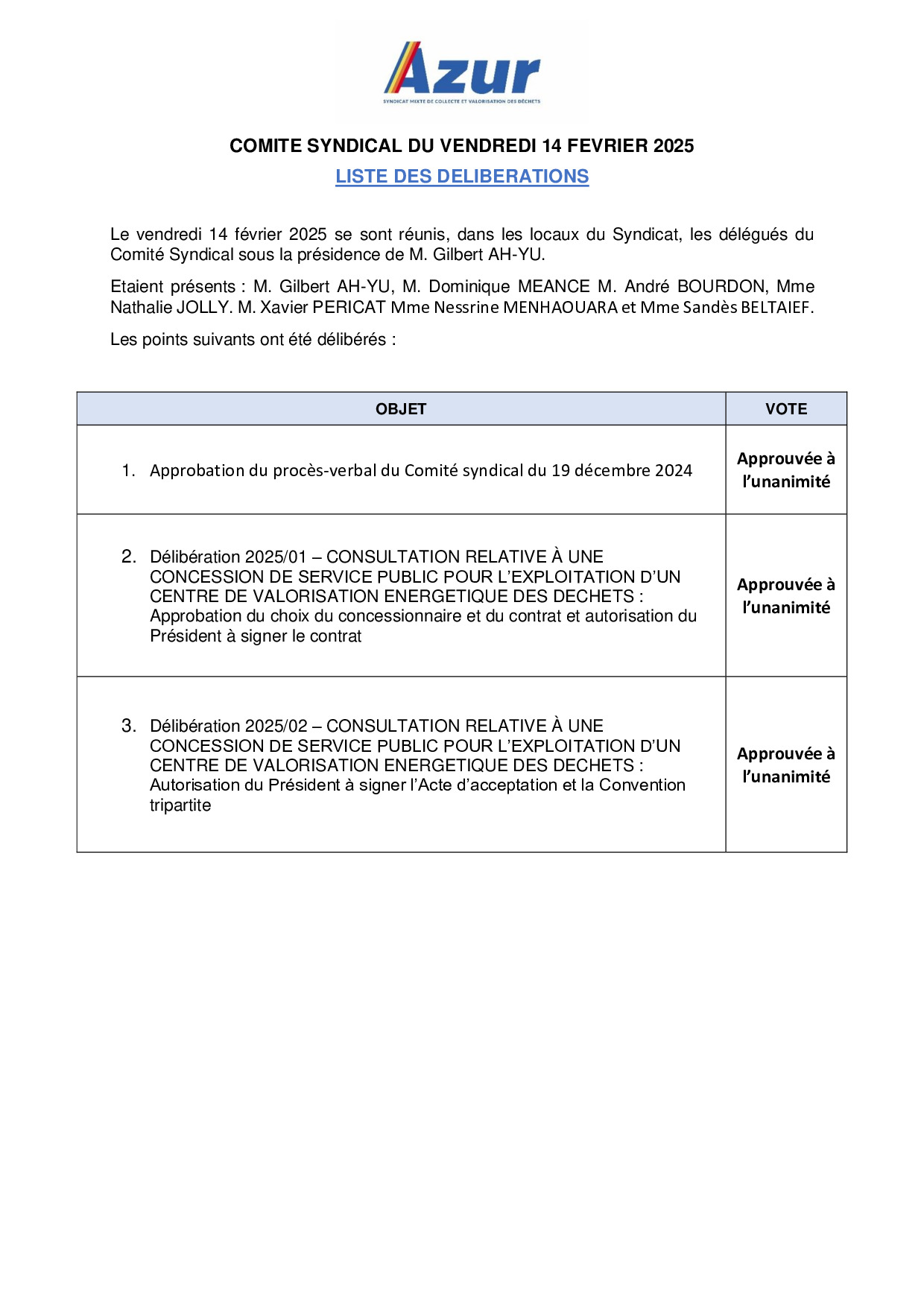 Liste des délibérations 14/02/2025