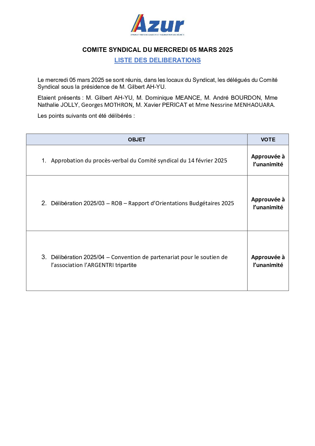 Liste des délibérations 05/03/2025