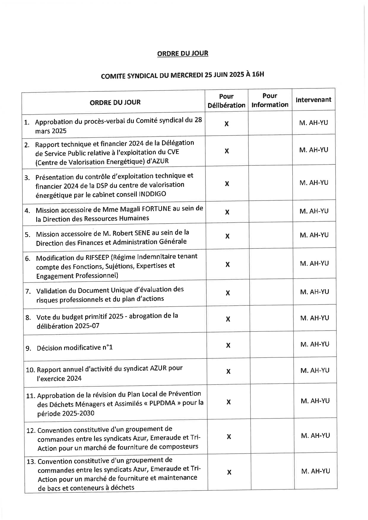 Ordre du jour du 25/06/2025