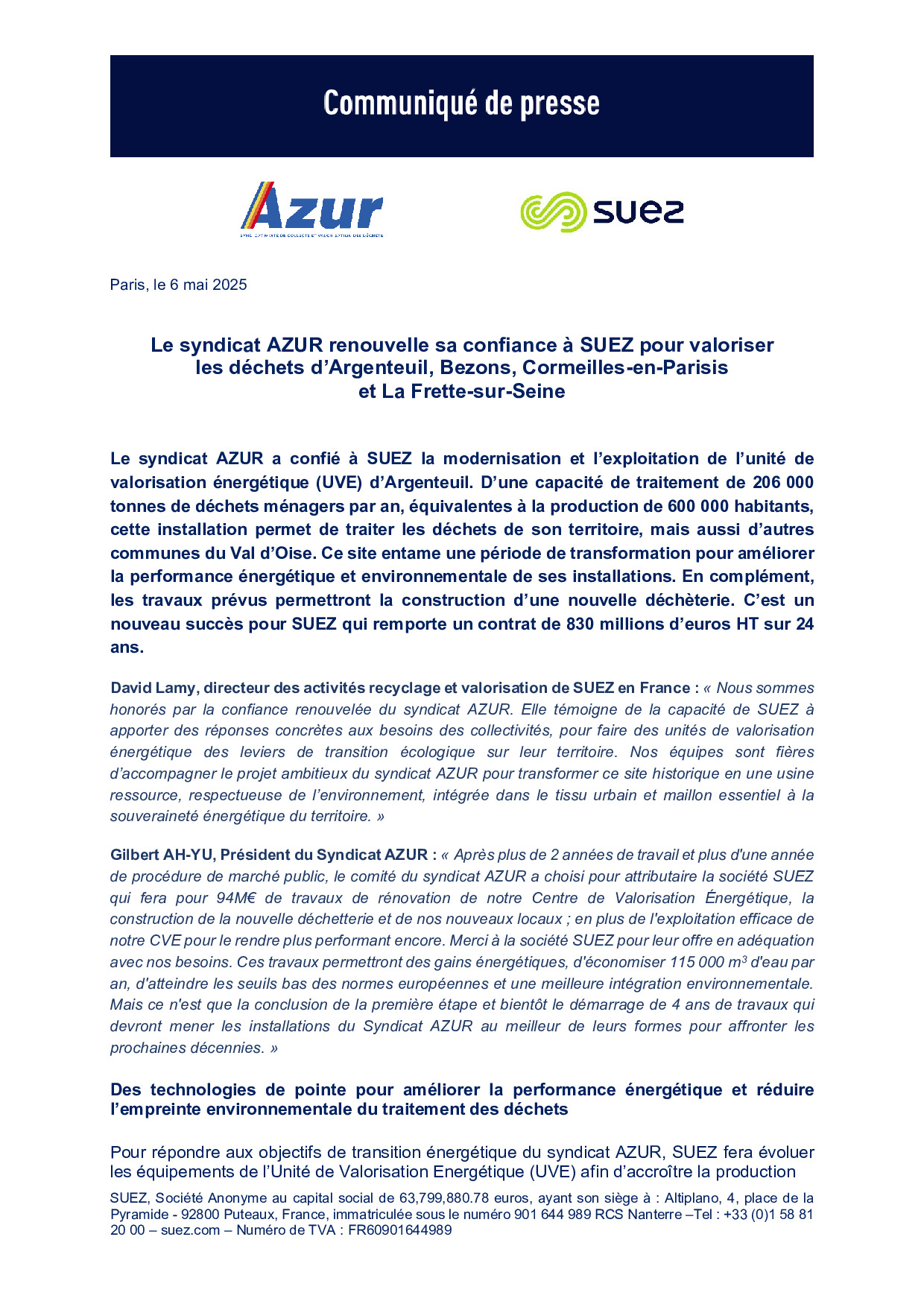 CP _ Renouvellement contrat CVE Azur Suez _ 06/05/2025