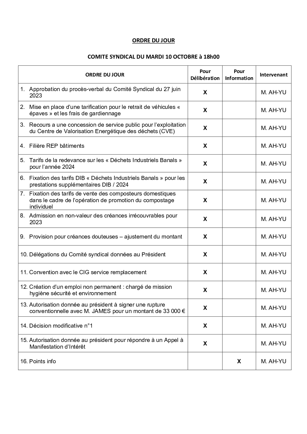 Ordre du jour 10/10/23