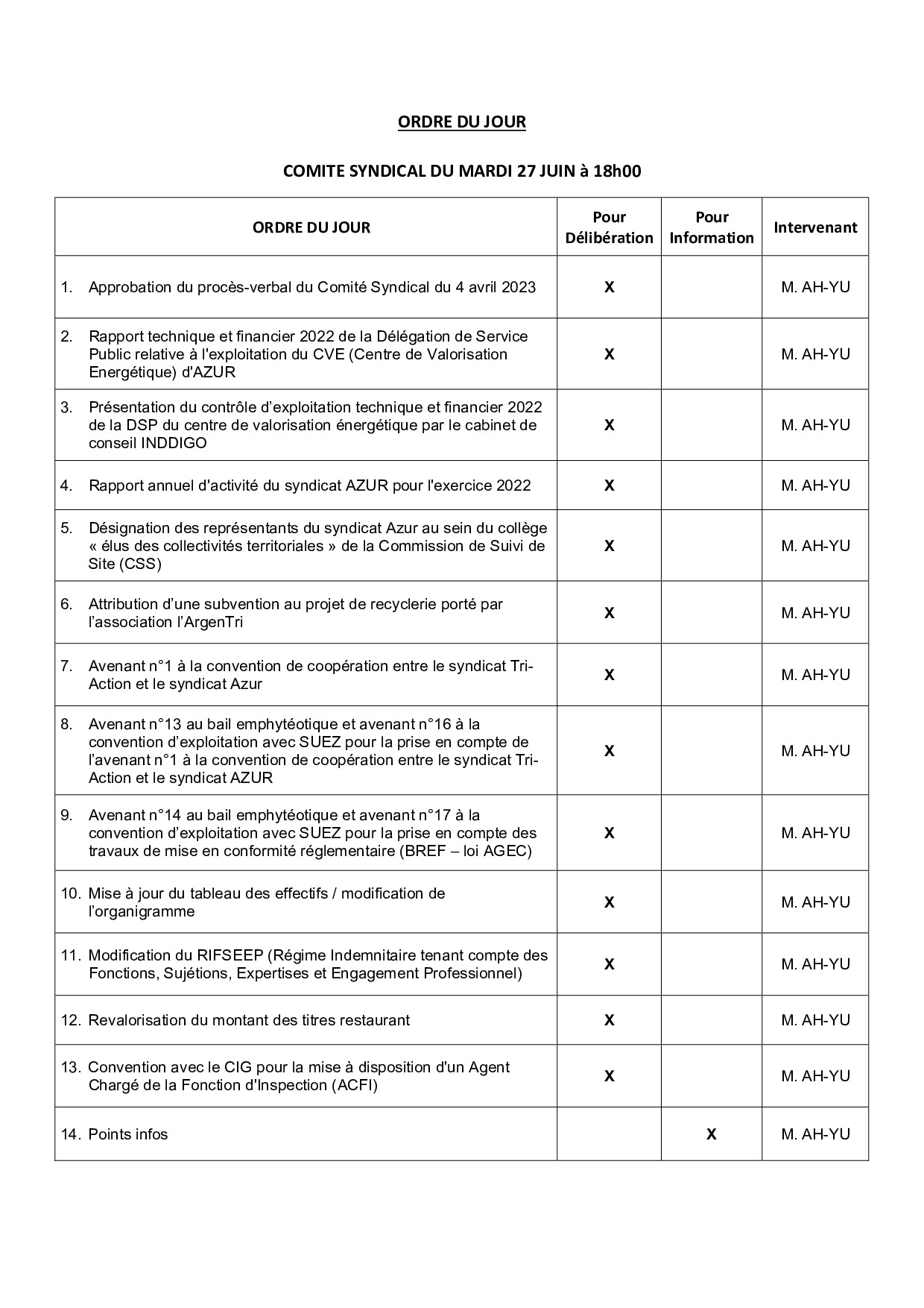 Ordre du Jour du 27/06/23