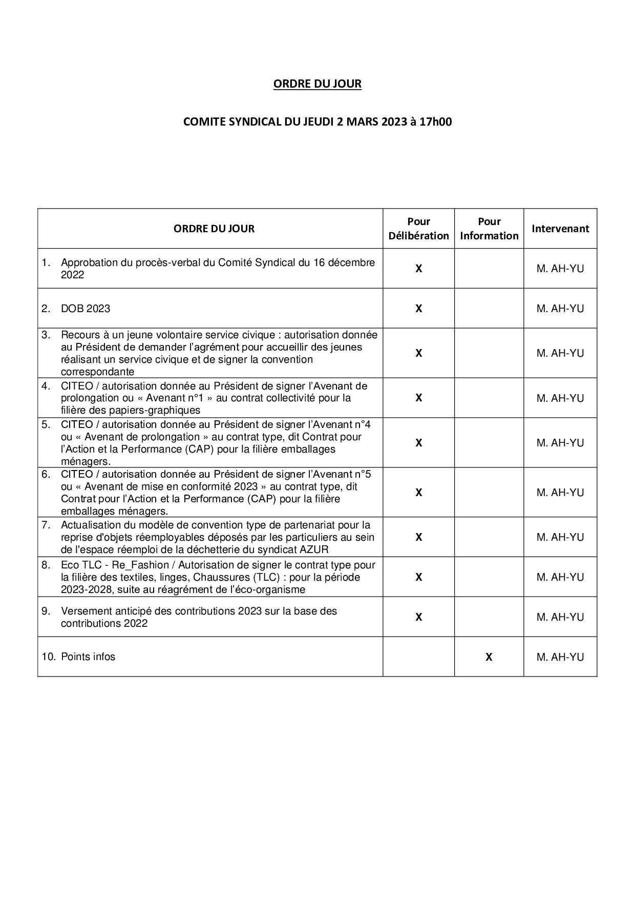Ordre du Jour du 02/03/23