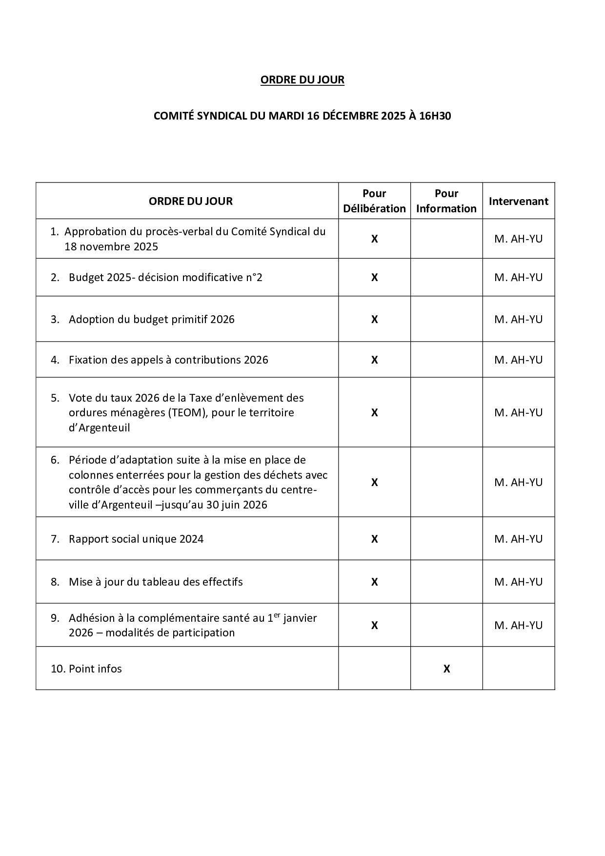 Ordre du jour comité du 16/12/2025