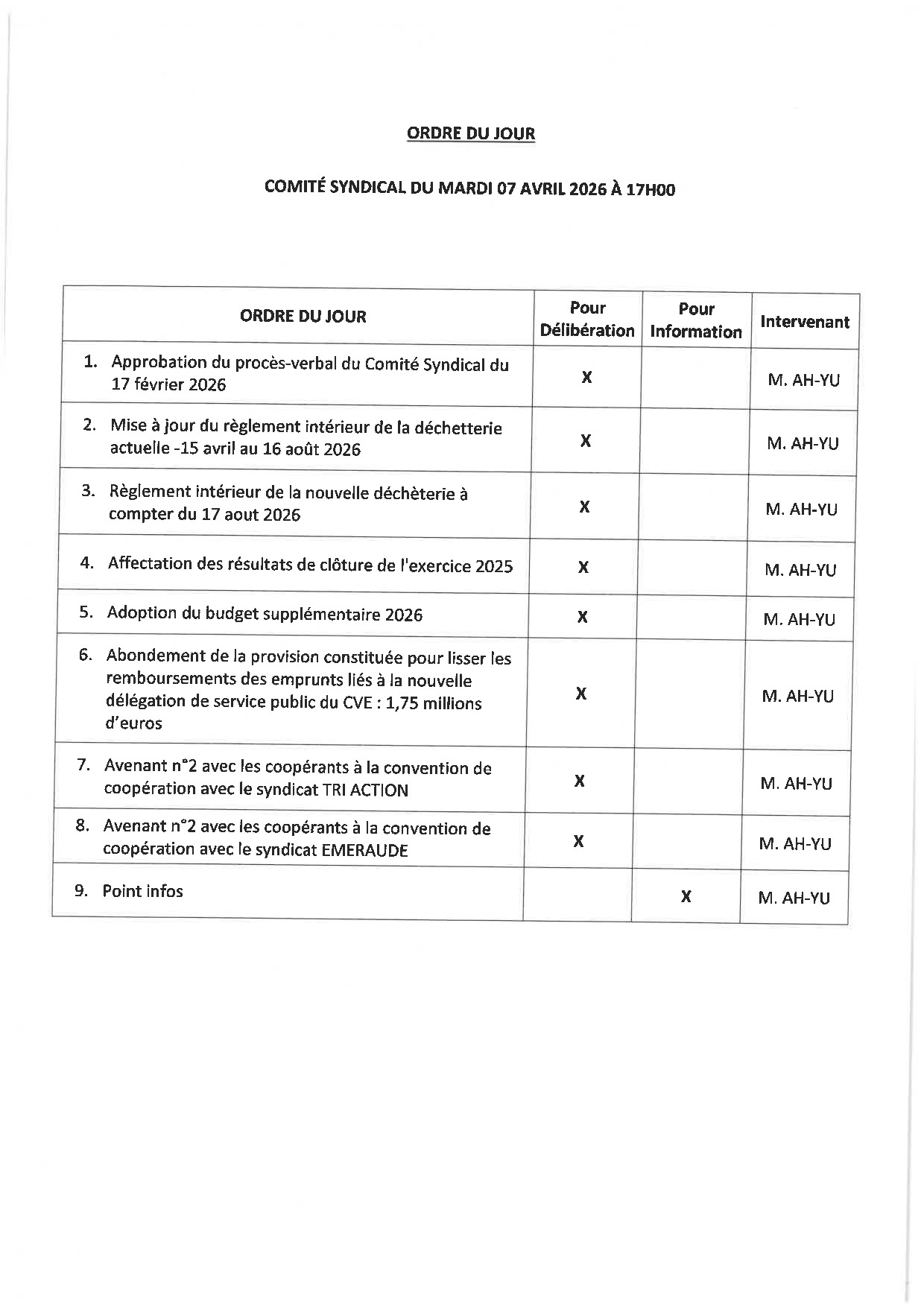 Ordre du jour comité du 07/04/2026