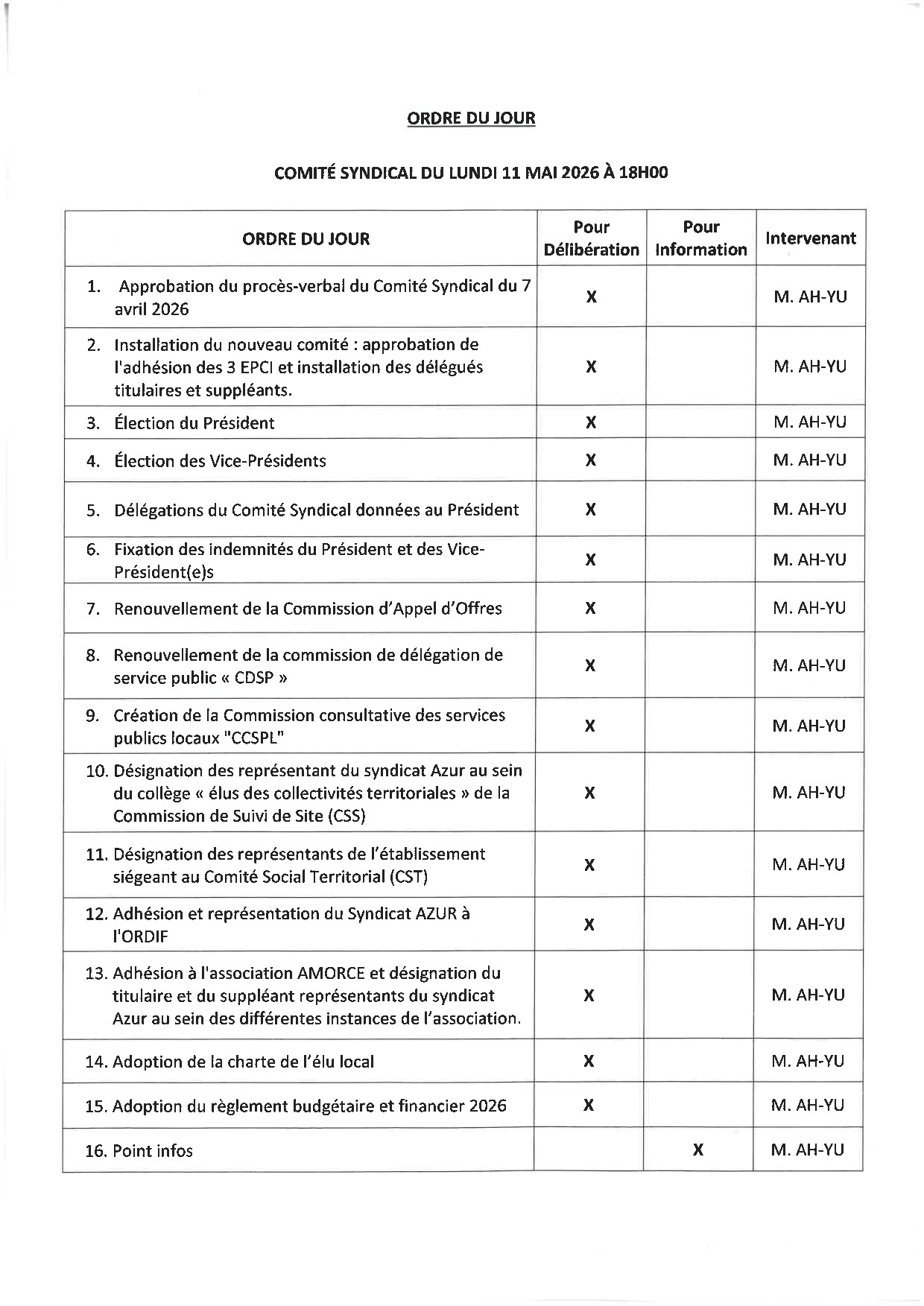 Ordre du jour comité du 11/05/2026