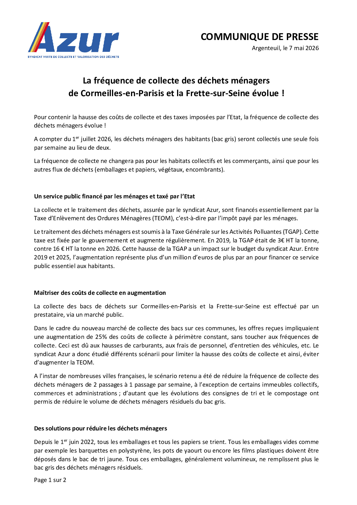 CP_ Changement de la fréquence de collecte Cormeilles-en-Parisis et la Frette-sur-Seine