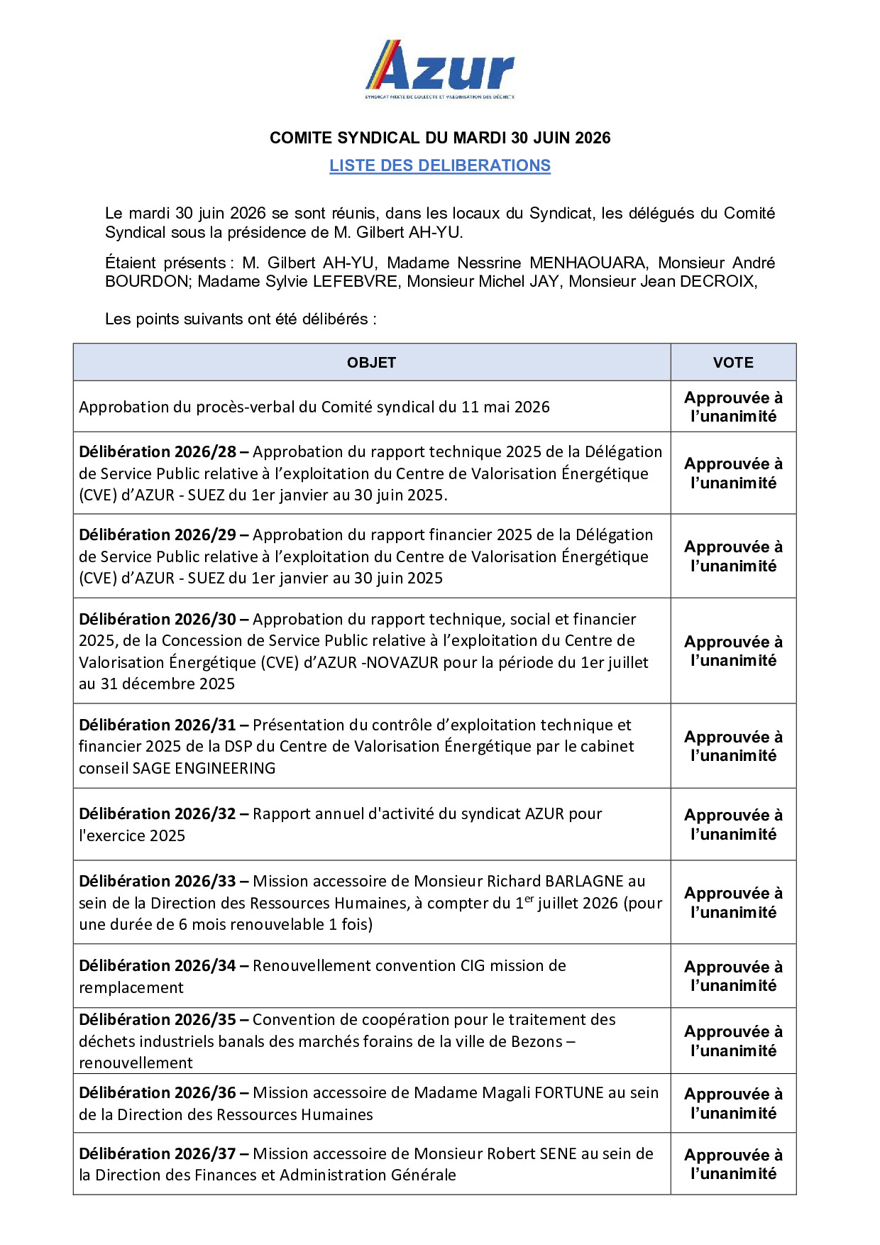 Liste des délibérations du 30/06/2026