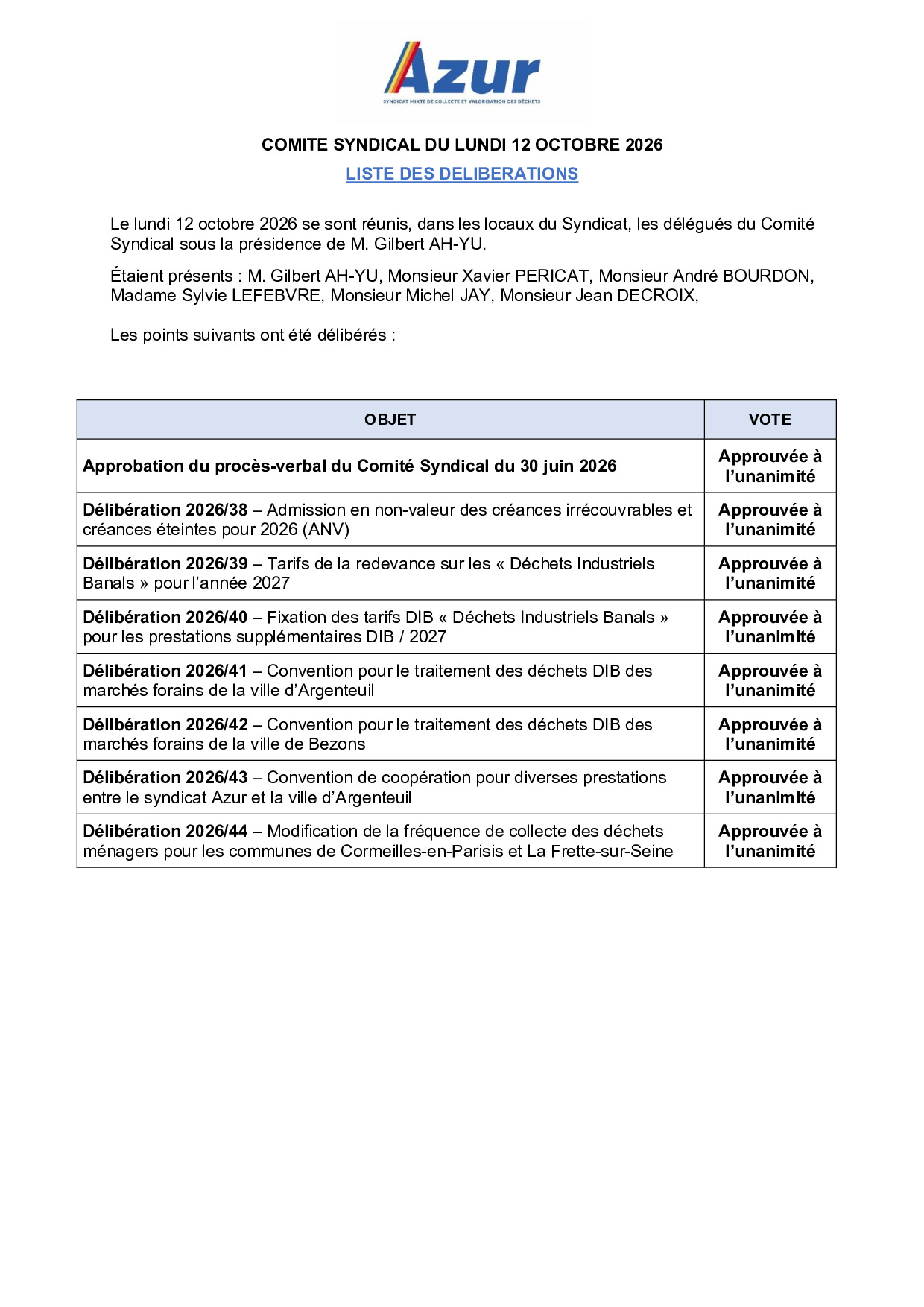 Liste des délibérations du 12/10/2026