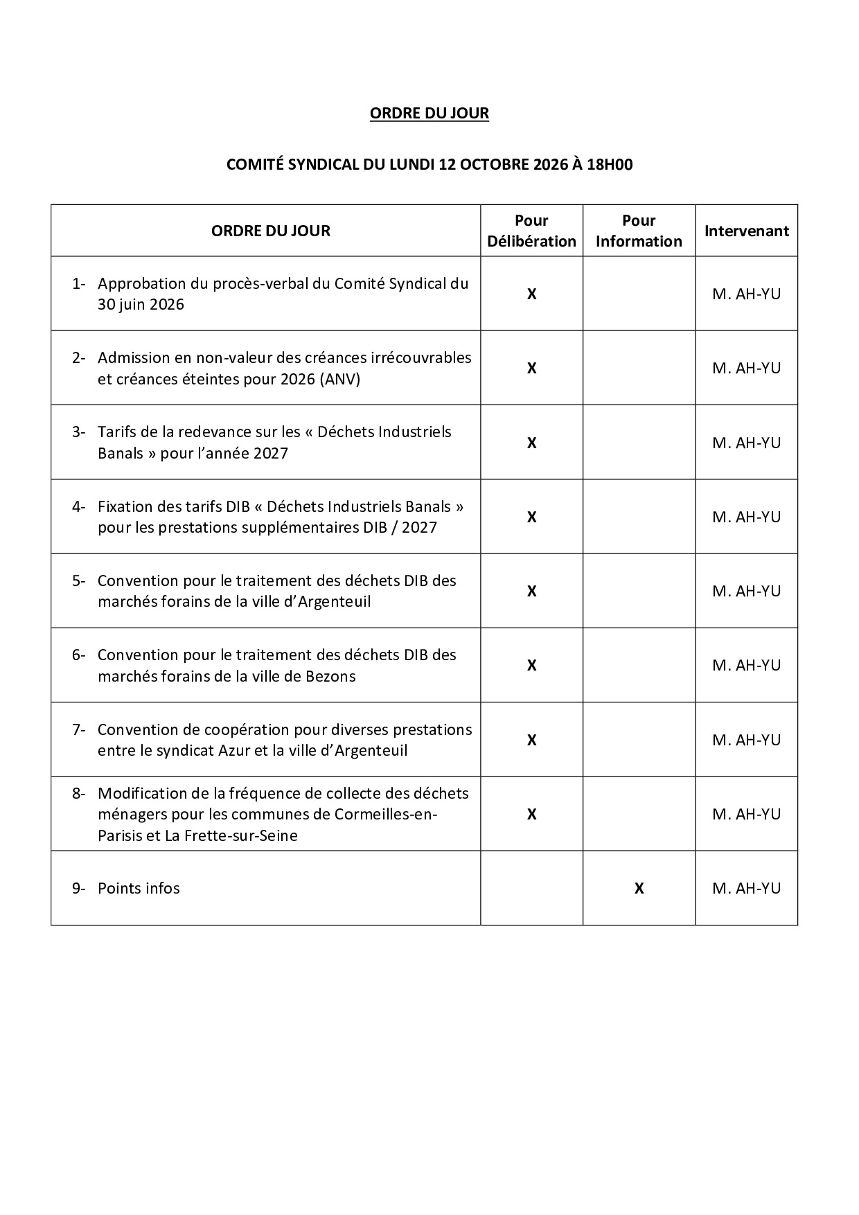 Ordre du jour du 10/12/2026